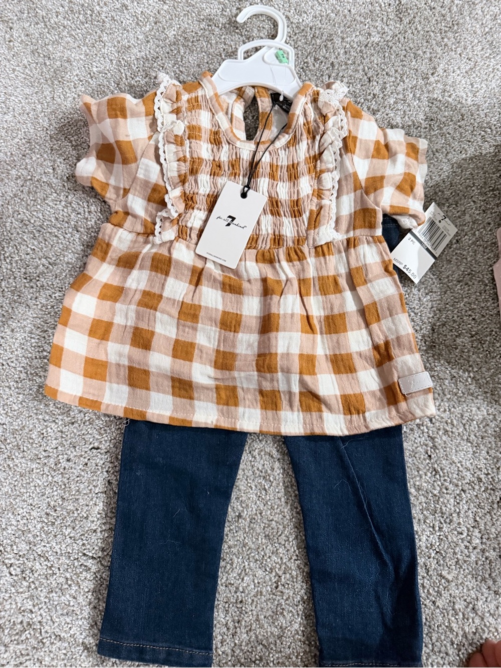 7 for all Mankind Gingham Ruffle Smock Top - Mustard & White